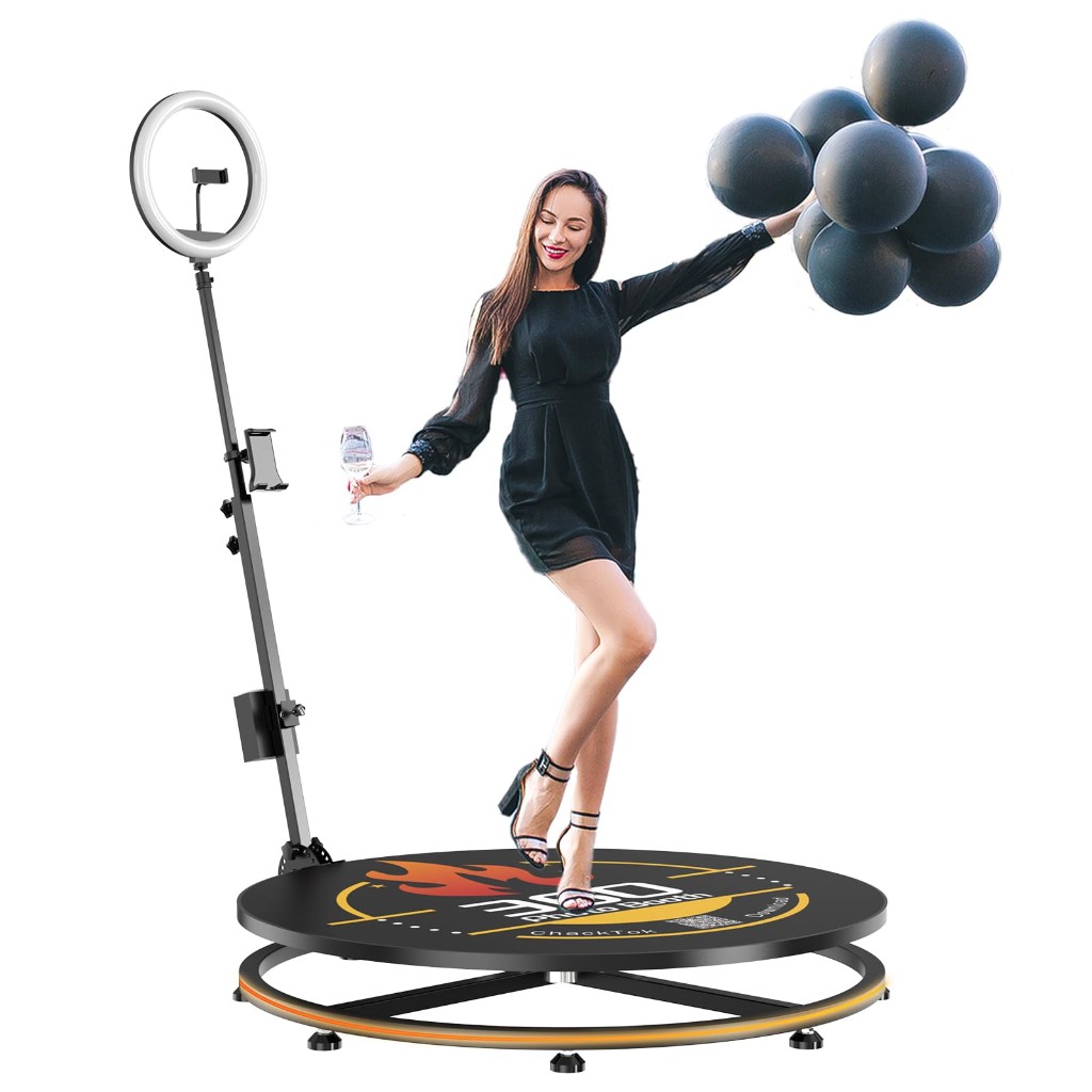 EANS 360 photo booth with LED platform, ring light, and guest posing on the platform